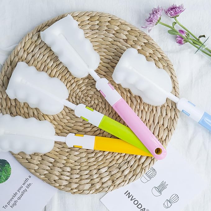 INVODA Cleaning Brush Set, 8PCS Portable Bottle & Nipple Brushes Sponge Material, Soft & Fluffy Texture, Comfortable Grip, Hanging Holes, BPA Free, Ideal for Baby Bottles & Cups