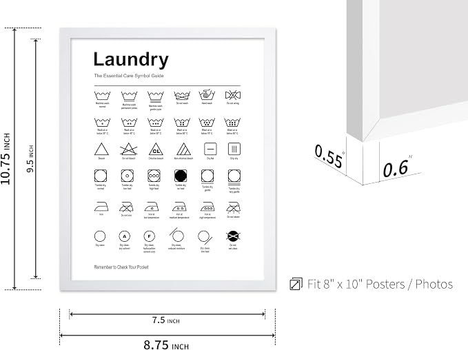 Poster Master 2-Piece Essential Guide for Laundry Print - Stain Removal Poster - Infographic Art - Black & White Design - Symbols & Instructions Art - Laundry Room Decor - 8x10 White Framed