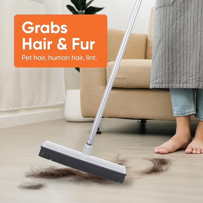 Rubber Bristle Broom for Hardwood Floors, Tiles, Carpets, Wood, and Vinyl Salon Broom, Squeegee, Rug, Rubber Rake for Human Hair, Pet Hair, Fur, Lint, Liquid, Grey, by Superio