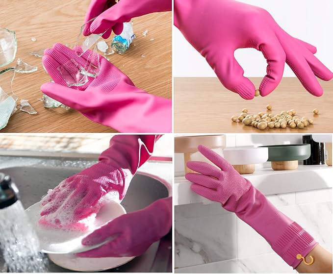 Myungjin Reusable Waterproof Non-Slip Dishwashing Household Cleaning Rubber Gloves with Hang-Dry Hook (4 Pairs/Large)