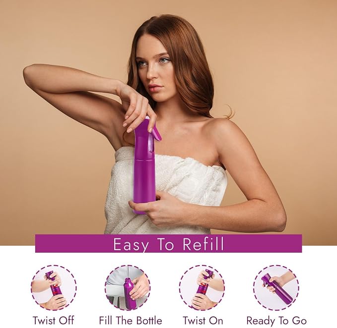 VIGOR PATH Continuous Mist Purple Spray Bottle 300ml Fine Mist for Hair | Ultra Fine Atomizer Leak Proof Ergonomic Construction 360 Refillable