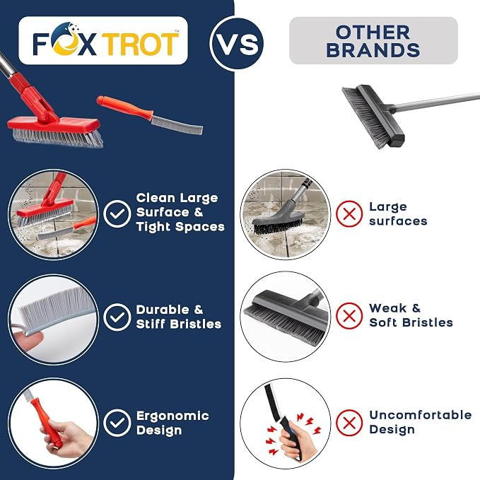Foxtrot Living Grout Brush with Long Handle and Crevice Cleaning Brush Set | V-shaped, telescopic handle, crevice cleaning included, Grout cleaner for tile floors