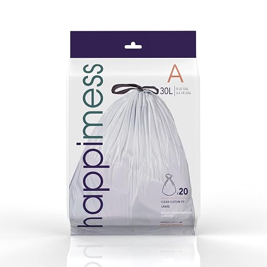 happimess 20-Count Unscented 8 Gal Drawstring Trash Bags, Clear, Pack of 5 | 30 Liters, Heavy Duty LDPE Plastic, Tear And Puncture Resistant, Tailored Custom Fit, Recyclable
