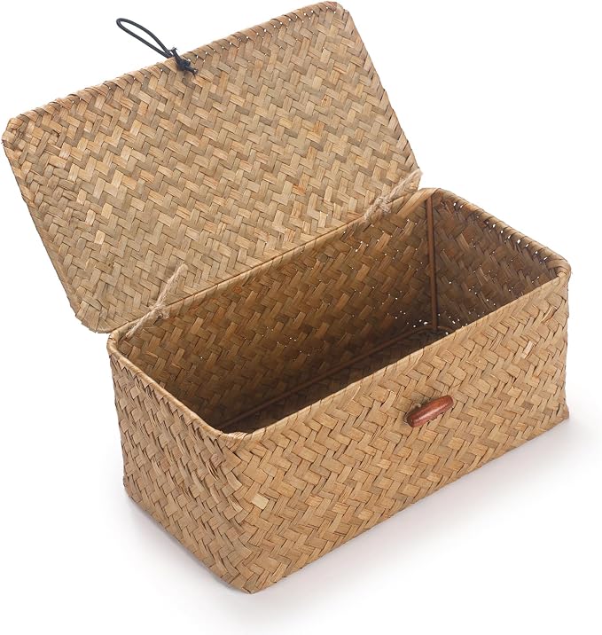 DOKOT Rectangular Handwoven Seagrass Small Storage Basket with Lid for Shelves and Home Organizer Bins,S (10.2"x5.5"x4.3"H), Natural
