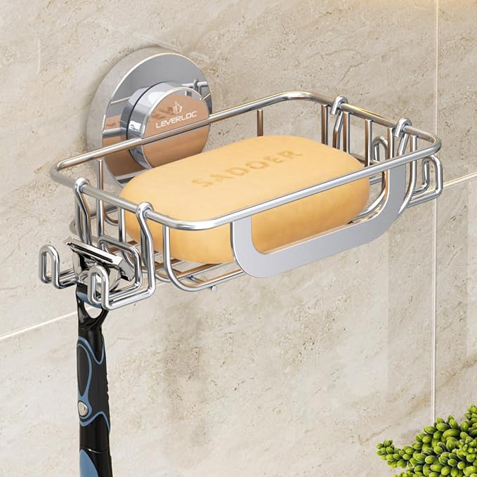 LEVERLOC Soap Holder, Soap Dish for Shower, Suction Cup Bar Soap Holder | Soap Bar Holder for Shower, Wall Mounted Self Draining, NO Drill Sponge Holder for Bathroom, Bathtub Kitchen Sink, Silver