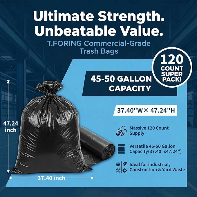 45-50 Gallon Trash Bags Unscented, 38'' x 47'', Black, 120 Count (Pack of 2)