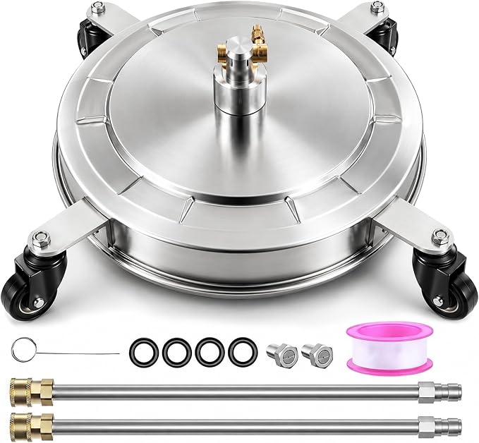 Pressure Washer Surface Cleaner with 4 Wheels-Stainless Steel Power Washer Accessories for Concrete Driveways Sidewalks Patios Cleaning (14.5 INCH Silver)