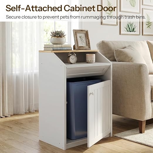Trash Cabinet, Freestanding Trash Can Cabinet, Wooden Recycling with Flip Door, 13 Gallon Hidden Kitchen Garbage Can for Kitchen, Living Room, White WB13WT