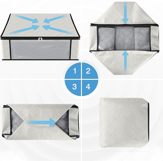 HomeHacks 6-Pack Clothes Organizer Storage Bags, 35L Storage Bins, White | Foldable Storage Box Container with Zippers, Clear Window, Reinforced Handles for Closet, Dorm, Pillows, Bedding, Sweater