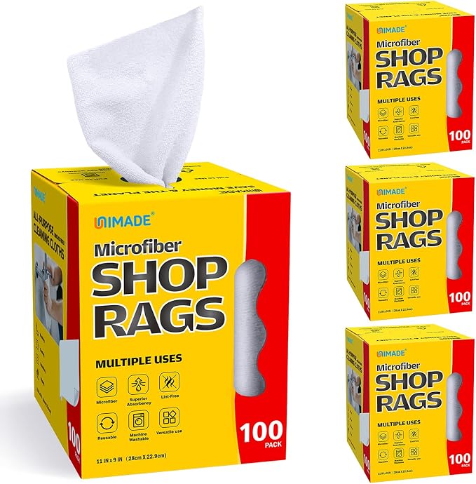 Shop Rags, 4 Boxes - 400 Sheets Microfiber Cleaning Cloth | Commercial Grade Washcloths Lint-Free Bulk Shops Towels for Cars Mechanic Restaurant Garage Housekeeping, 11"x 9", White