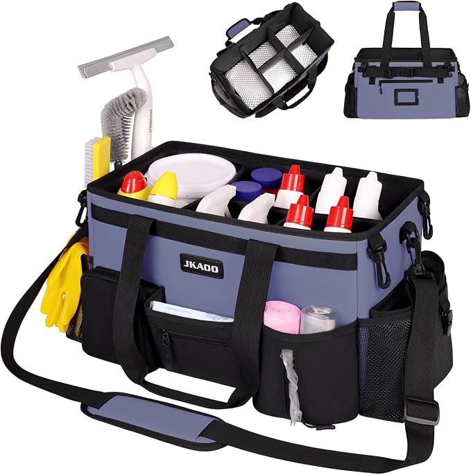 JKAOO Large Wearable Cleaning Caddy Bag with Handles, Denim Blue | Adjustable Shoulder & Waist Straps, Removable, Waterproof Tote for Cleaning Supplies, Home, Car, Office