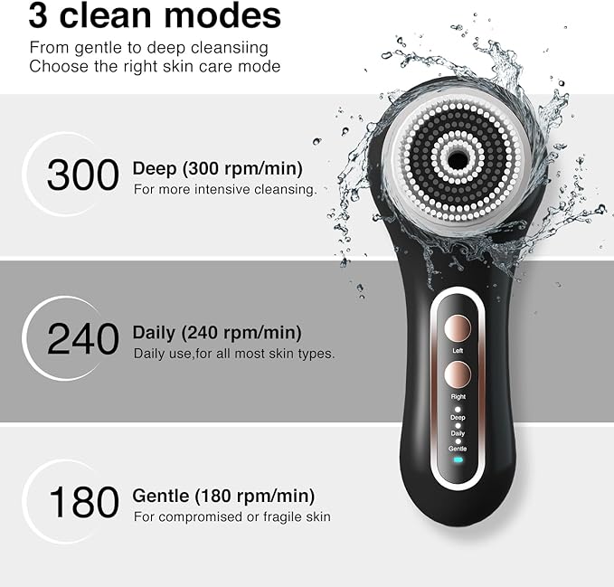 UMICKOO Rechargeable Rotating Face Scrubber with 5 Brush Heads Set | IPX7 Waterproof for Shower，2-Way Rotating Face brush for Daily & Deep Cleaning, lasts for 30 days after charging