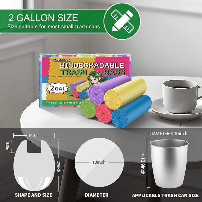 2 Gallon Small Bathroom Trash Bags - Colorful Biodegradable With Handles Mini Garbage Bags 100 Count Unscented Kitchen Car Office Little Wastebasket Liners 7.5 Liter Strong Thick Bulk Vincereon