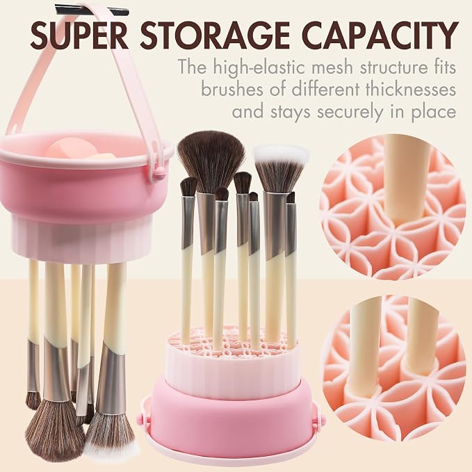 Makeup Brush Cleaner Mat, Brush Cleaner Bowl For Deep Cleaning Tools, 3 in 1 Cleaning Tool Makeup Organizer Storage for Brushes, Powder Puffs, and Sponges(Pink)
