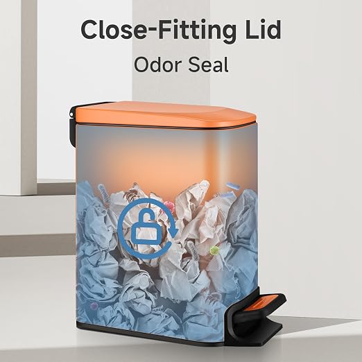 TIPGO Small Bathroom Trash Can with Lid, 1.6 Gal, Soft Close, Orange | Foot Pedal, Soft Quiet Lid, 5.9'' Slim for Narrow Space, Stainless Steel, Anti-fingerprint, Removable Inner Bucket, Odor Seal