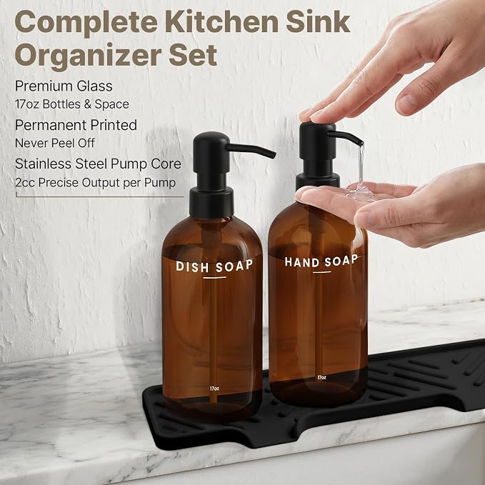 Kitchen Soap Dispenser Set with Self Draining Silicone Tray, Brush, Sponge | Hand and Dish Soap Dispenser Set, 2 x 17oz Amber Glass Soap Dispensers, Stainless Steel Pumps, Kitchen Sink Organizer