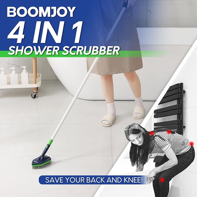 BOOMJOY 4 in 1 Shower Cleaning Brush, 58" Extendable Tub and Tile Scrubber Set, Grout Brush with Long Handle, Shower Tile Floor Scrubber for Cleaning Baseboard Bathroom Toilet Kitchen