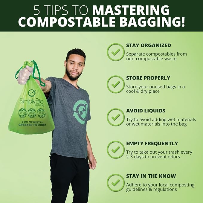 Simply Bio 3 Gallon Compostable Trash Bags Liners Drawstring, Heavy Duty Extra Thick 1 Mil, 11.36 Liter, 50 Bags, Small Kitchen Food Scrap Waste Bag, ASTM D6400, US BPI and OK Compost Home Certified