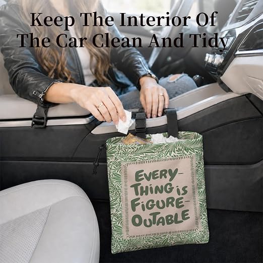 Green Botanical Inspirational Car Garbage Bag Canvas Trash Can | Everything Is Figureoutable Drawstring Car Trash Bag Hanging for Back Seat with Adjustable Buckle
