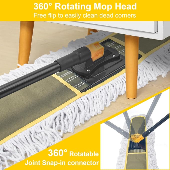 24" Commercial Dust Mop with 2 Replacement Mop Pads, 60.5 Inch | Heavy Duty Large Dust Mop for Hardwood Floors, Industrial Wet Dry Floor Duster for Office Garage Warehouse Factory Mall