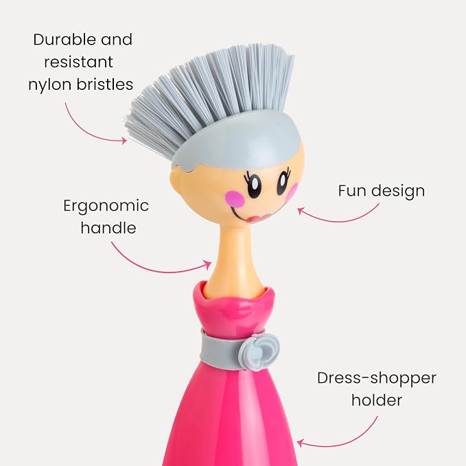 Vigar Dolls Dish Brush with Handle and Holder - Dish Scrubber Brush for Dishes and Pans, Kitchen Scrub Brush, Dishwashing Brush for Kitchen Sink Cleaning, Cute Standing Dish Brush Design - Pink, Gray