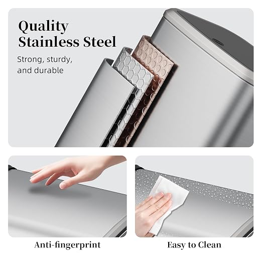 2.1 Gallon Bathroom Trash Can with Lid Press Top, 8 Liter Stainless Steel Garbage Can with Press Type Lid, Slim Trash Bin Waste Basket for Toilet, Office, Bedroom, Living Room (Silver)