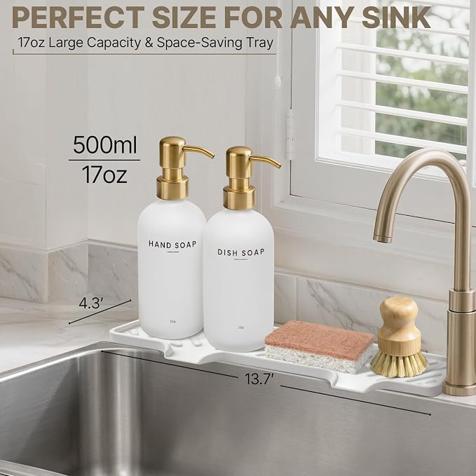 Kitchen Soap Dispenser with Self Draining Silicone Tray, Brush Sponge, Gold | Kitchen Sink Organizer, 2 x 17oz Glass Soap Dispensers, Stainless Steel Pumps, Hand and Dish Soap Dispenser Set