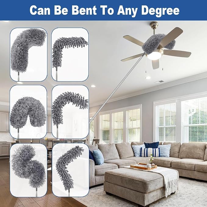 7 Pcs Microfiber Feather Duster with 100-inch Telescopic Extendable Pole, Washable and Reusable Cobweb Duster Kit, Dusters for Cleaning High Ceiling,Fan,Furniture,Blinds