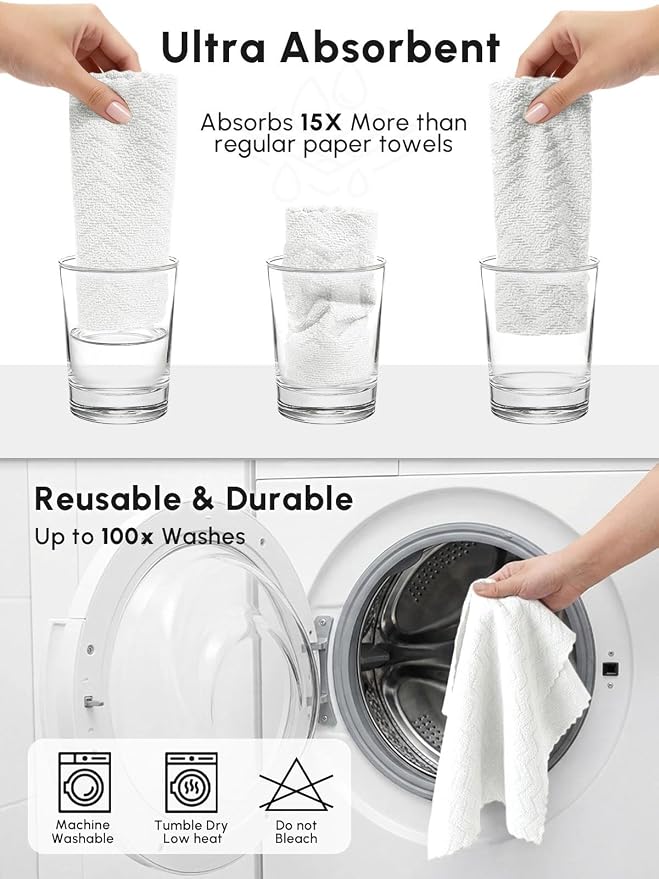 Microfiber Cleaning Cloths Roll 75 Pack 12x12 Inch Lint Free | Tear away design, lint free, washable, scratch free, ultra absorbent, for dish rags and household cleaning, White color