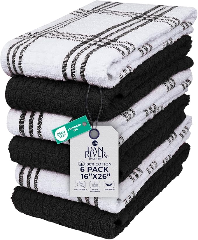 DAN RIVER Black Kitchen Towels, 6 Pack, 16x26 Inches Absorbent Dish Towels | Soft 100% cotton kitchen towels for drying dishes, wiping countertops,handling everyday kitchen messes,absorbent dish towels