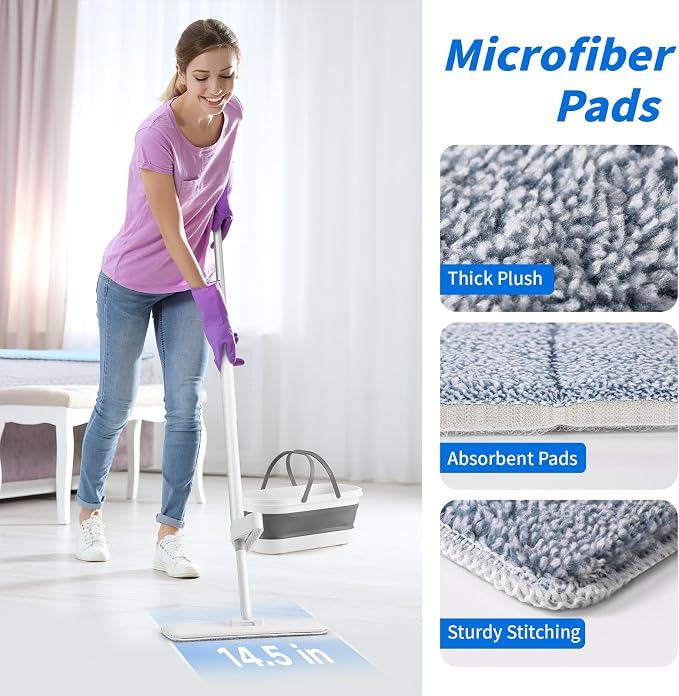 Oshang Flat Mop and Collapsible Bucket OG7 with Wheels, 2 Washable Reusable Microfiber Pads, Pure White