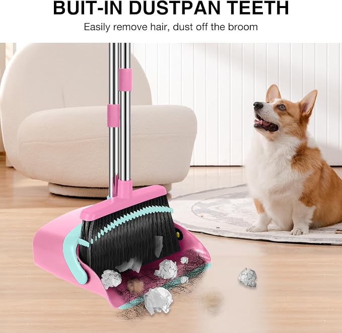 Broom and Dustpan Set, 52-in Long Adjustable Handle Broom Dustpan Combo with Dust pan Teeth to Automatically Clean Hair Suitable for Home Kitchen Office Hall Floor (Pink&Blue), 2 Pack