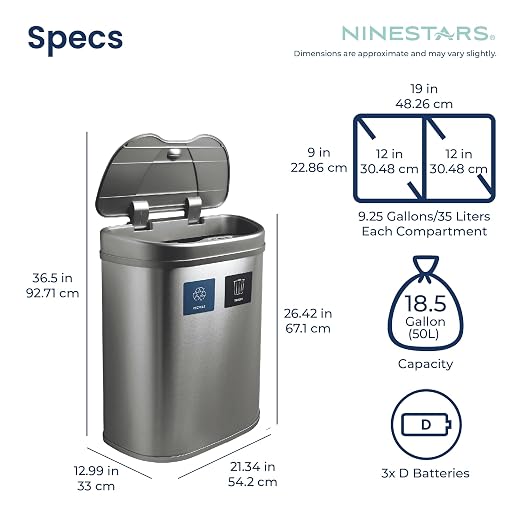 Ninestars 18.5 Gallons Automatic Touchless Kitchen Trash Can, Motion Sensor Trash Can for Kitchen, Office 70 Liter Stainless Steel Recycling Bin (2 x 9.2 Gallon Double Compartment)