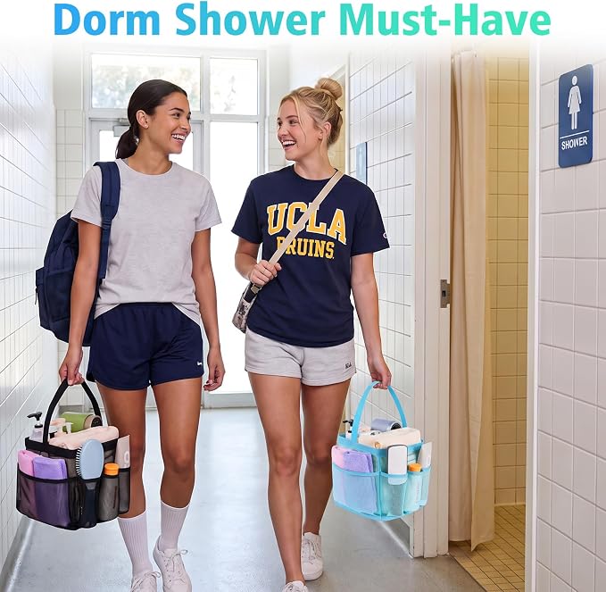 EUDELE 2 Pack Mesh Shower Caddy Portable for College Dorm Room Essentials, Shower Caddy Dorm with 9-Pocket Large Capacity,Shower Bag for Beach,Swimming,Gym All Black+All Ice Blue