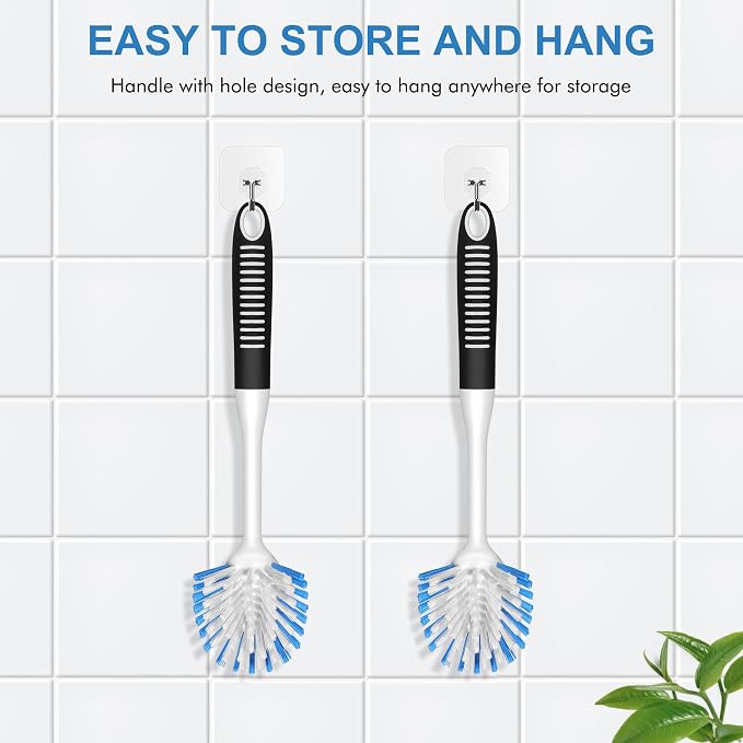 SetSail Dish Brush with Handle, 2 Pack Stiff Bristles Dish Scrubber with Built-in Scraper Dish Scrub Brushes for Cleaning Dishes, Pots and Pans, Kitchen Sink | Built-In Scraper Tip, Non-Slip Rubber Handle, Hanging Loop for Storage Deep Cleaning for Dis...