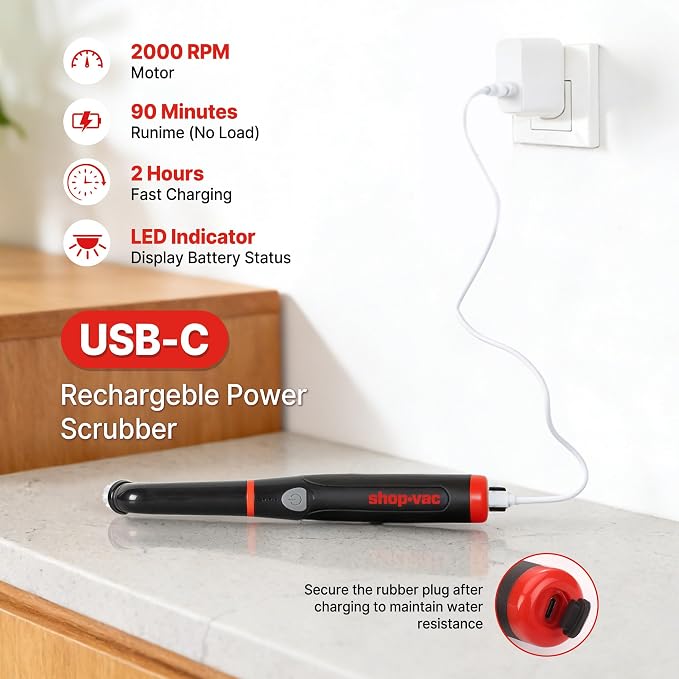 Shop-Vac Electric Spin Scrubber with 2000RPM Motor, Cordless, 90Min Runtime | 5 Replaceable Heads, IPX6 Waterproof, Cordless Electric Scrubber for Cleaning Grout, Tile, Bathroom, Kitchen