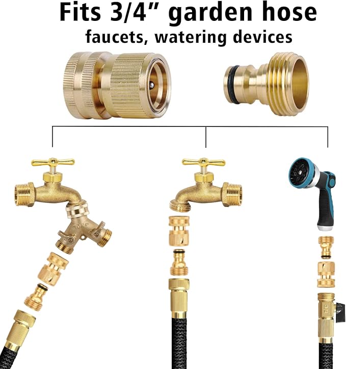 Brass Hose Quick Connect, 3/4 Inch GHT Garden Hose Quick Connector | No-Leak Water Hose Quick Connect Fittings Male and Female - 2Packs