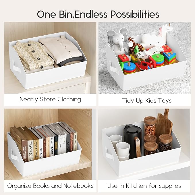 Large Closet Organizers and Storage Bins - 8 Pack Trapezoid Storage Baskets for Shelves, Foldable Fabric Baskets with Handles Ideal for Closet, Basket, Wardrobe and Shelf Storage, White