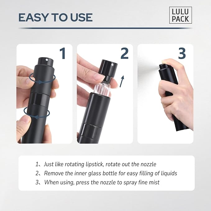 Lulupack 30ml Cologne Travel Bottle, Perfume Spray Atomizer Refillable 1oz | Twist up, empty fragrance sprayer for men, large size, portable, fine mist, TSA friendly, refill small decanter, black