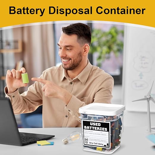 Baderke 1 Pack Battery Recycling Disposal Container with Label, White | 1.32 Gallon Capacity, Battery Recycling Container with Label, Used-dry-cell Battery Storage Organizer, for Household, Office