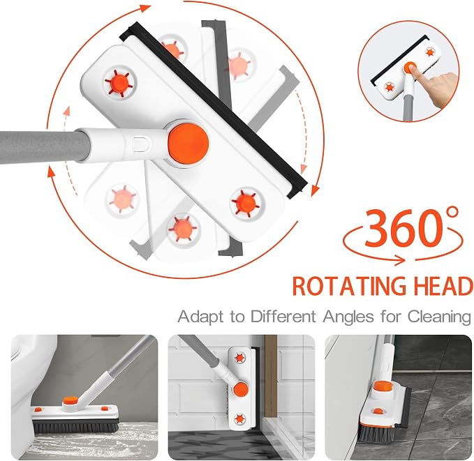 Floor Scrub Brush with Long Handle, 3-in-1 Rotating Scrubber with Squeegee | 60" Telescopic Floor Scrubber with 2 Detachable Heads for Cleaning Shower Bathroom Kitchen Deck Bathtub Tile Patio Garage