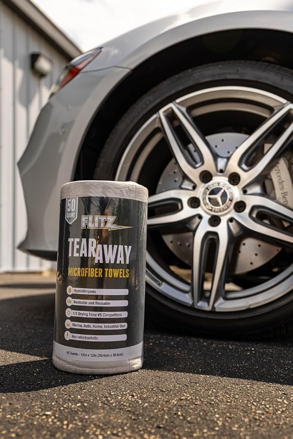 FLITZ Tear Away Microfiber Towel Roll (30 Sheets) - 12" x 12" Cloth Paper Towels - Reusable & Washable Ultra Absorbent Cleaning Cloth Roll for Cars, Kitchens, Appliances - Grey (1 Pack)
