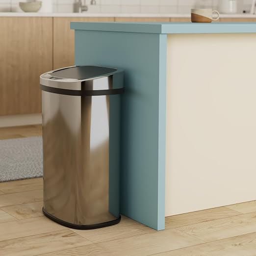 FDW | 13 Gallon Stainless Steel Trash Can with Lid | Silver | Automatic Touchless Lid with Motion Sensor | Kitchen Garbage Can with Waterproof Design | for Home, Office, Bathroom