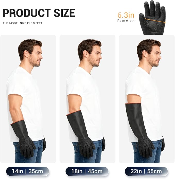 ThxToms Heavy Duty Rubber Gloves, 14" Upgraded with Non-Slip Design | 1 Pair Black Industrial Chemical Resistant Gloves Waterproof Reusable Protective Work Gloves for Dishwashing
