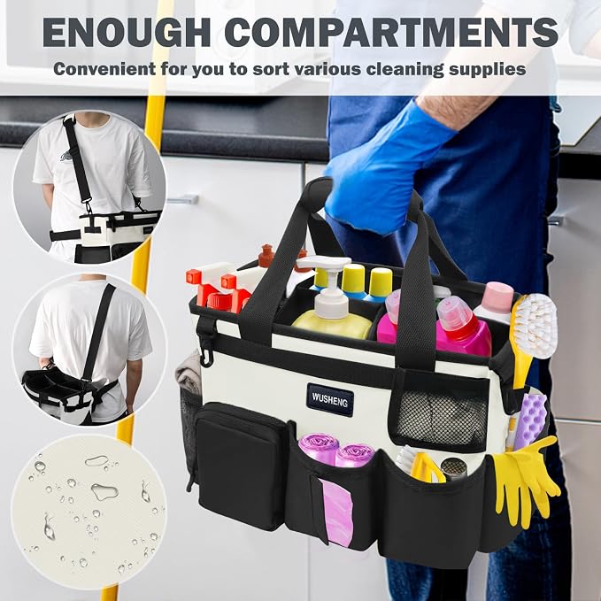 Wearable Cleaning Caddy Bag,Cleaning Supply Tote for Cleaning Supplies, Cleaning Organizer with Adjustable Shoulder and Waist Straps for Cleaners Housekeepers (Black-White, Large)