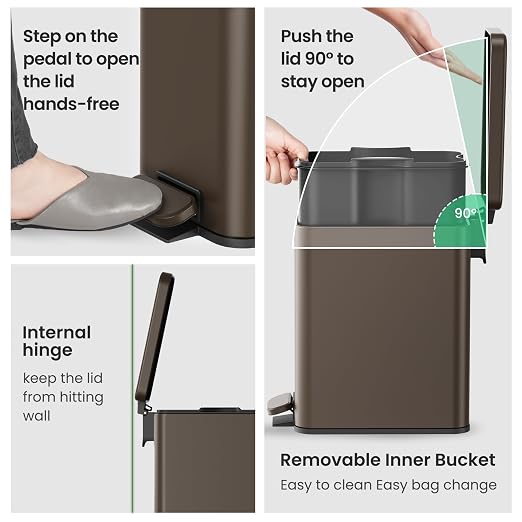 Cesun 2.6 Gallons Small Bathroom Trash Can with Lid Soft Close, Brown | Removable Inner Bucket, Small Stainless Steel Garbage Can for Bedroom/Office, Hands-Free Step Pedal, Fingerprint-Resistant