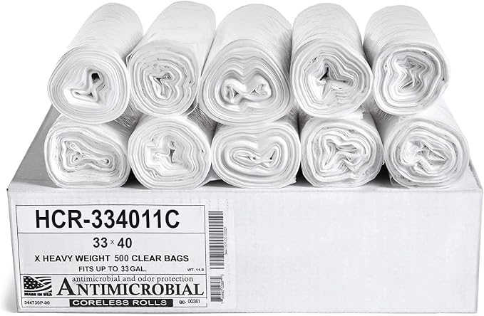 Aluf Plastics 33 Gal Clear Trash Bags, 11 Micron (EQ.), 33" x 40" (500 Pk)