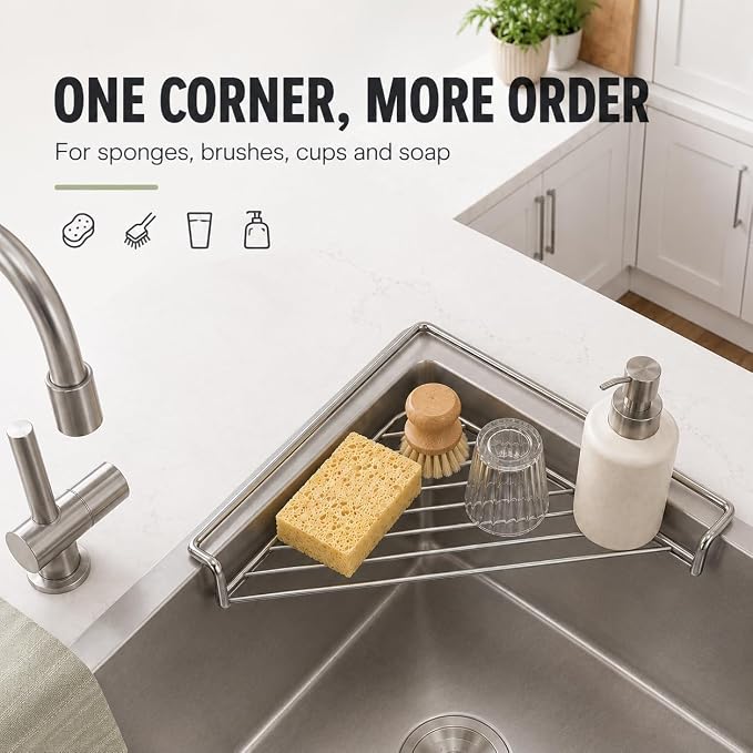 Stainless Steel Corner Sink Drying Rack, Triangular Draining Shelf，4PCS | Corner Drying Rack for Kitchen Sink, Space-Saving Triangular Drainer for Dishes, Cups, Sponges and Cleaning Accessories