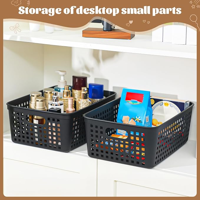 Lineshading 12 Pack Plastic Storage Baskets for Organizing, Black | 13 x 10'' Large Plastic Storage Baskets Bins with Grip Handles, Stackable Mesh for Cabinets, Desktops, Shelves, Home & Office