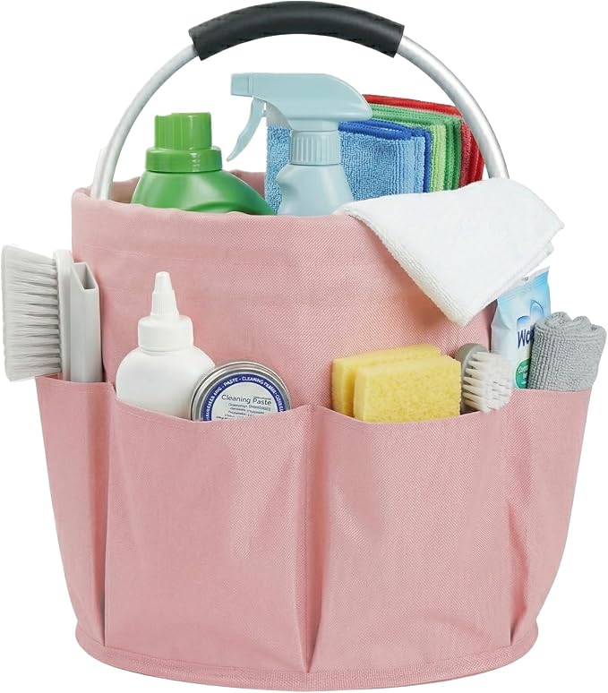 WOOHA 17L Cleaning Caddy with Handle, Foldable Cleaning Supply Organizer with 6 Pockets, Portable Shower Caddy, Storage Basket for Housekeeping, Car Detailing, Garden, Pink